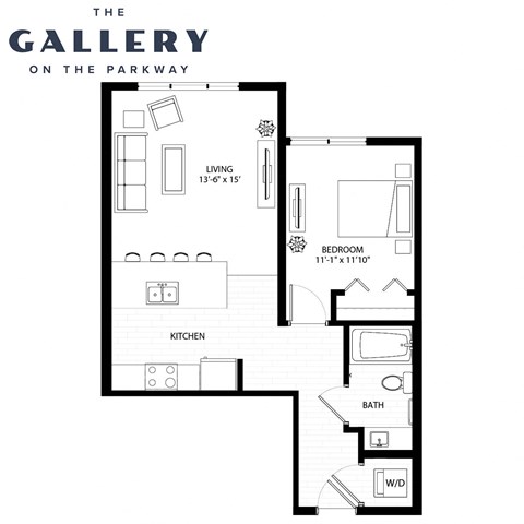 Floor plan for 1 bed, 1 bath, 645 sqft